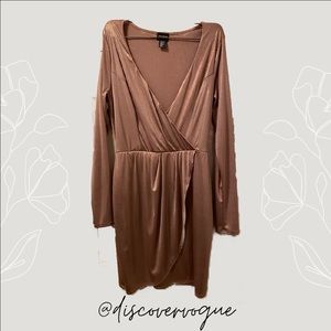 Long Sleeve Pink/Copper Faux Wrap Dress